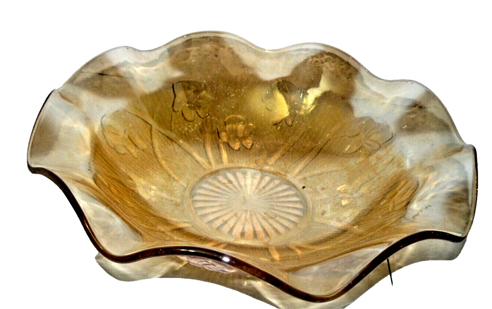 Jeanette Iris & Herringbone Scallop Edge Amber Marigold Carnival Glass Bowl Vtg